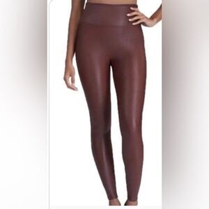 Spanx womens large faux leather dark maroon leggings moto edgy